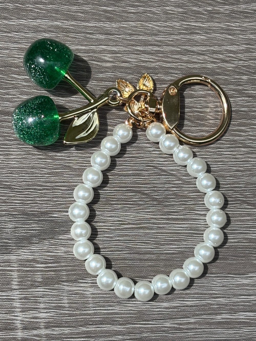 Pearl Beaded Wristlet Keychain with Green Glitter Cherry Charm - Picture 3 of 10